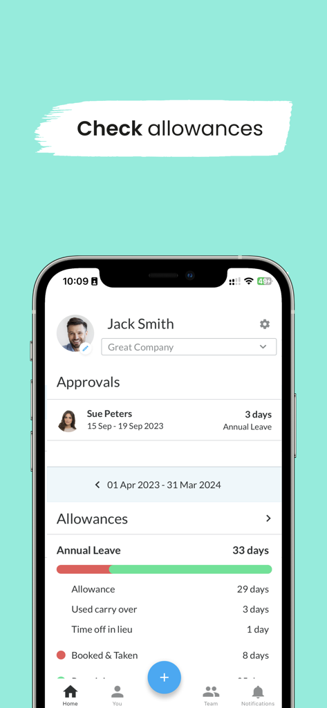 Schermata dello smartphone che mostra l'interfaccia dell'app Leave Dates con i permessi di ferie annuali e le approvazioni del team in sospeso