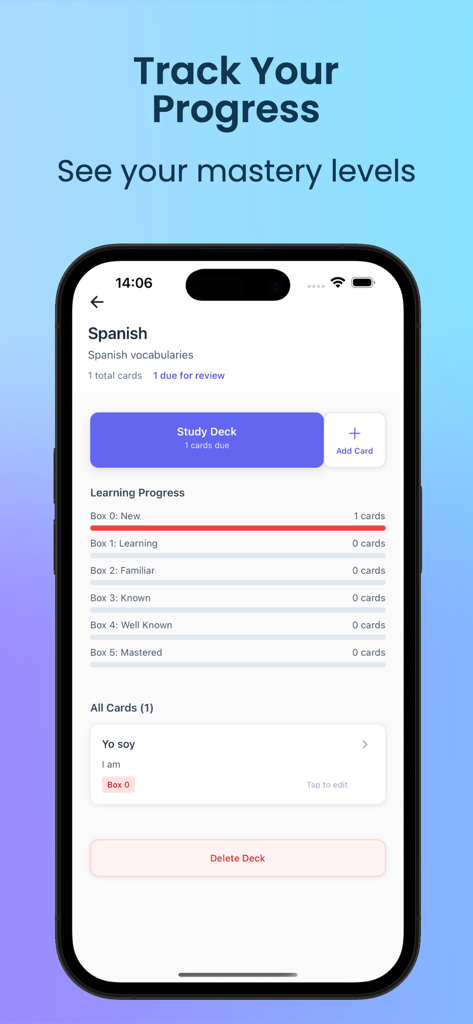 Spaced Repetition - Flashcards - A screenshot of the Spaced Repetition app showing a learning progress dashboard with mastery levels for a Spanish flashcard deck.