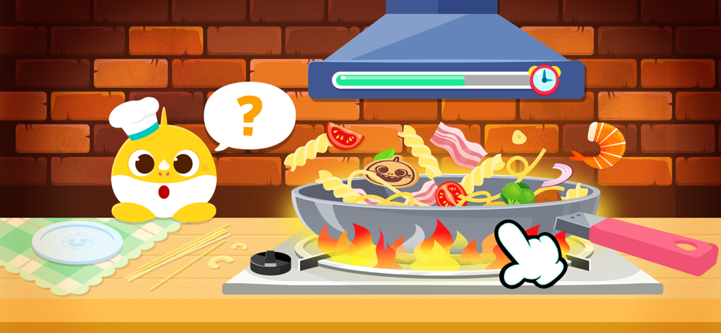 Baby Shark Pizza Game - Baby Shark wearing a chef hat cooking pasta in a frying pan on the stove