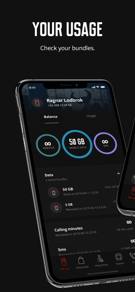 Mobile Vikings App Dashboard mit Anzeige des mobilen Datenvolumens und der Gesprächsminuten