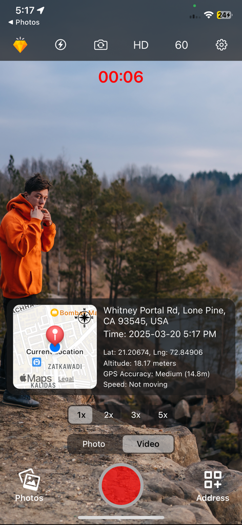GPS Map Camera & Timestamp Cam - GPS Map Camera app interface showing a video recording with a location map, timestamp, and coordinates overlay