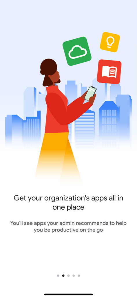 Ilustración de un trabajador profesional accediendo a aplicaciones organizativas en un dispositivo móvil con un horizonte urbano de fondo