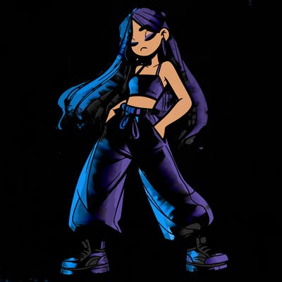 girl in baggy pants crop top and long hair