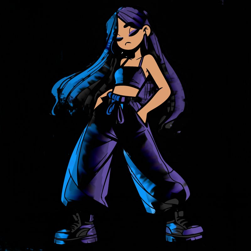 girl in baggy pants crop top and long hair