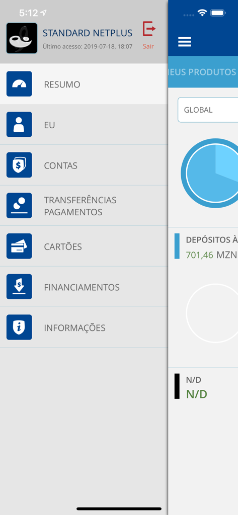 Sidebar navigation menu of the Standard Bank Mozambique NETPlus banking app showing various financial services