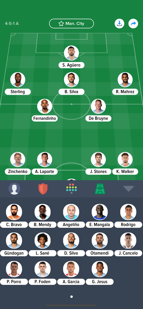Tactics - Football Team Lineup - Créateur de composition d'équipe de football montrant les joueurs de Manchester City sur un terrain virtuel