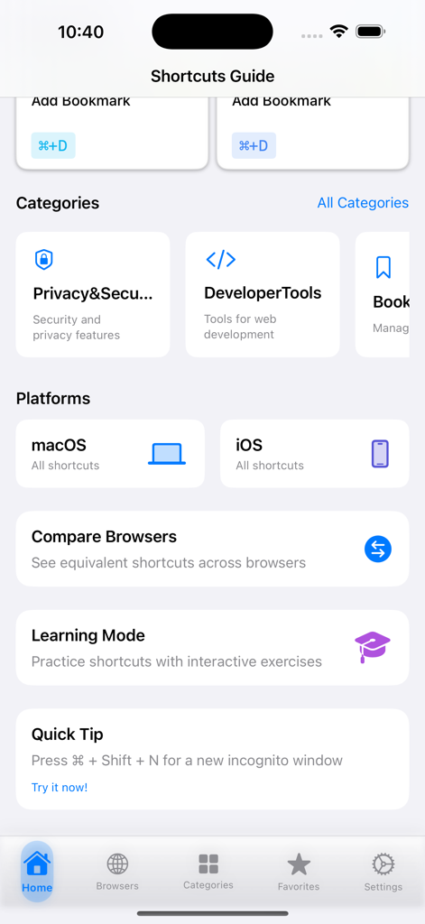 Der Startbildschirm der Webbrowser-Tastenkombinationen-App zeigt Kategorien, Plattformen und Produktivitätstools an.