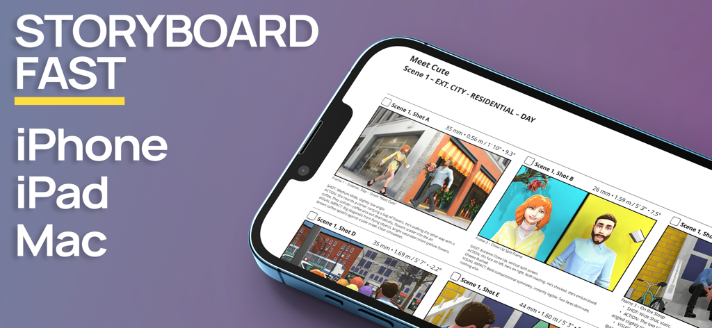 Previs Pro storyboard app interface on an iPhone displaying 3D film scenes