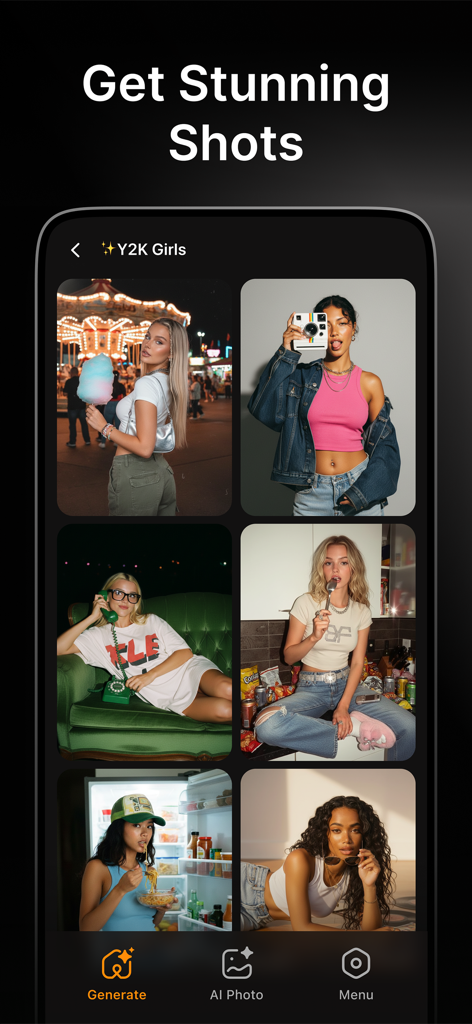 AI Image Generator FARBA Art - Mobile app interface displaying a gallery of AI-generated Y2K style aesthetic portraits of women.