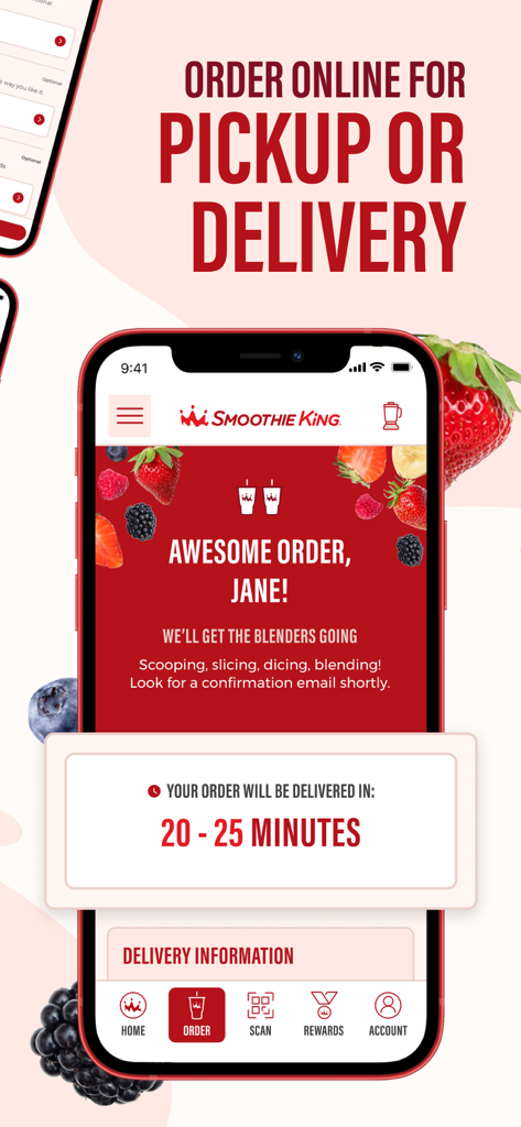 Smoothie King - Smoothie King app showing order delivery confirmation and estimated time