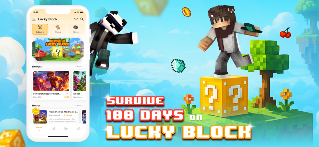 Lucky Block for Minecraft - A mobile phone displaying the Lucky Block for Minecraft app interface next to a Minecraft character on a lucky block with a survive 100 days challenge banner.