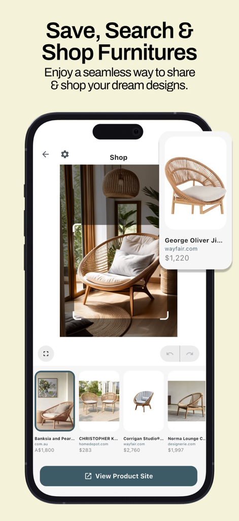 Remodel AI - Home Design - Écran d'application mobile montrant une fonctionnalité d'achat de meubles qui identifie et relie les articles des photos de décoration intérieure à des détaillants comme Wayfair et Home Depot.