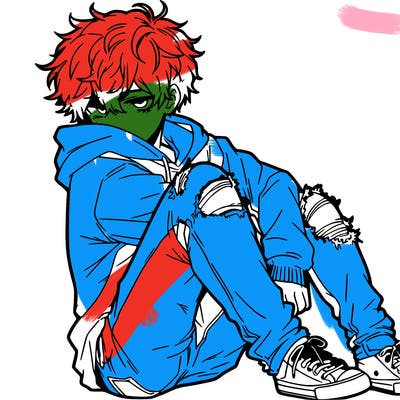 a male hoddie ripped jeans messy hair anime