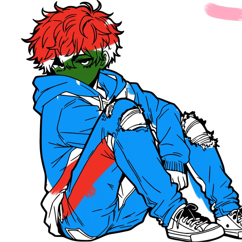 a male hoddie ripped jeans messy hair anime
