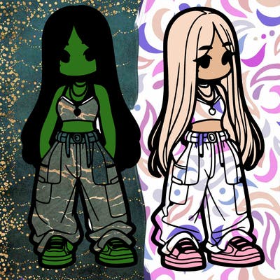 girl in baggy pants crop top and long hair