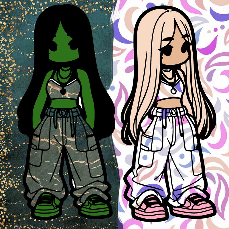 girl in baggy pants crop top and long hair