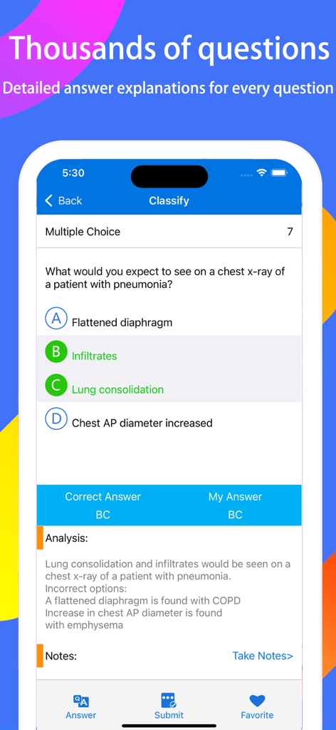 FNP Nurse Practitioner Expert - A screenshot of the FNP Nurse Practitioner Expert app showing a practice question about pneumonia with detailed answer explanations and an analysis section.