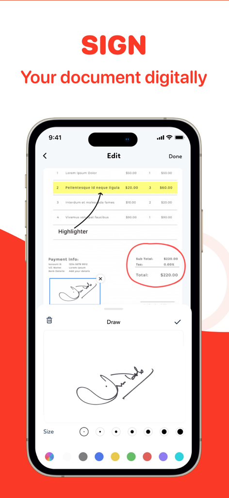 Schermata dell'iPhone che visualizza la firma digitale e le funzionalità di modifica dei documenti dell'app Convertitore PDF