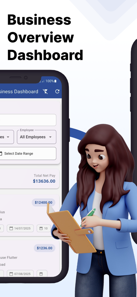 Payslip Maker: FreePayStub - Business overview dashboard screen showing total net pay and employee filters in the Payslip Maker app