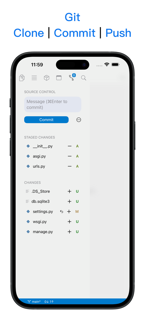 Python3IDE - Python3IDE mobile app showing Git source control with clone commit and push features on an iPhone screen
