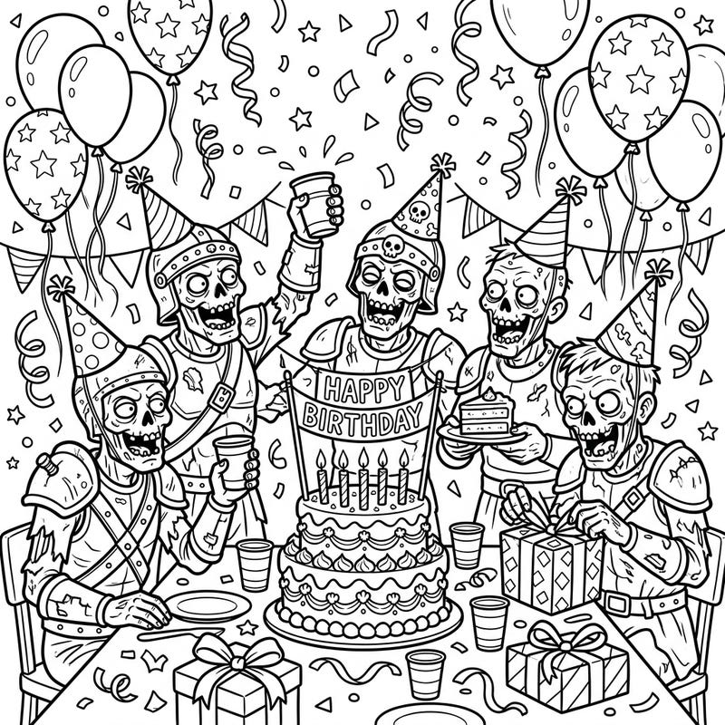 Prepare for a birthday party like no other with this armored zombies coloring page, where the undead gather for ghoulish festivities. Adorned in party hats and surrounded by cake, balloons, and gifts, these durable creatures are ready for a celebration that's anything but ordinary.