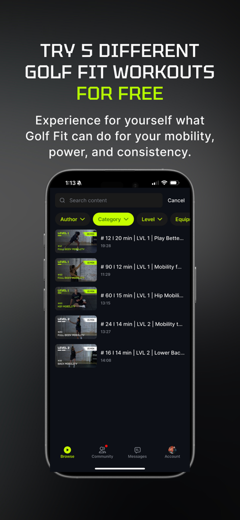 Golf Fit - The Golf Fit app interface showing a list of five free golf specific workouts for mobility and power