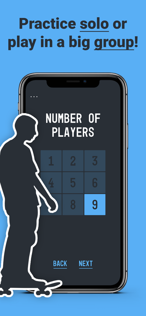 Game of SKATE or ANYTHING - Pantalla del smartphone para Game of SKATE que muestra opciones para seleccionar hasta 9 jugadores para un juego grupal.