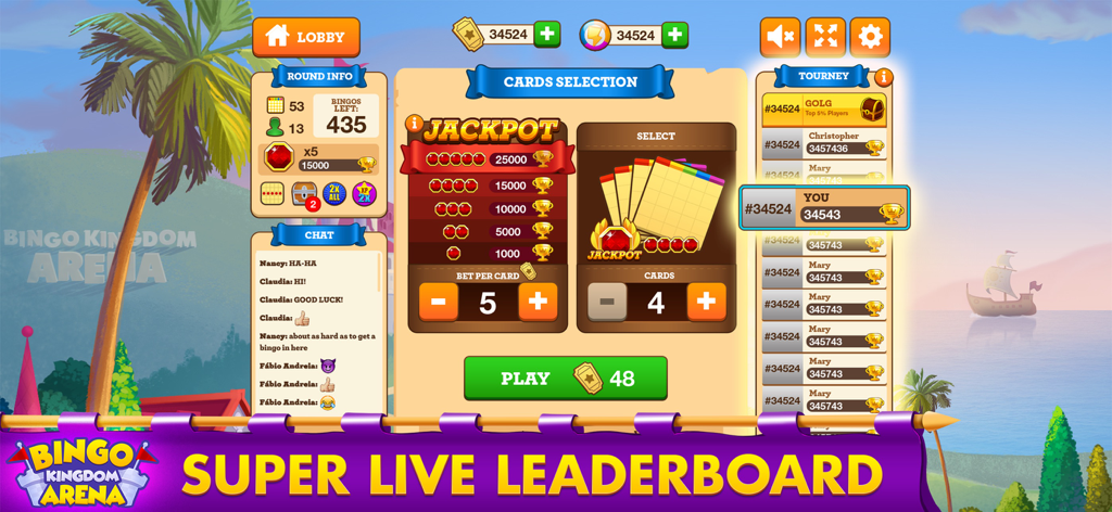 Bingo Kingdom Arena Bingo Game - Bingo Kingdom Arena game screen with live leaderboard and tournament rankings