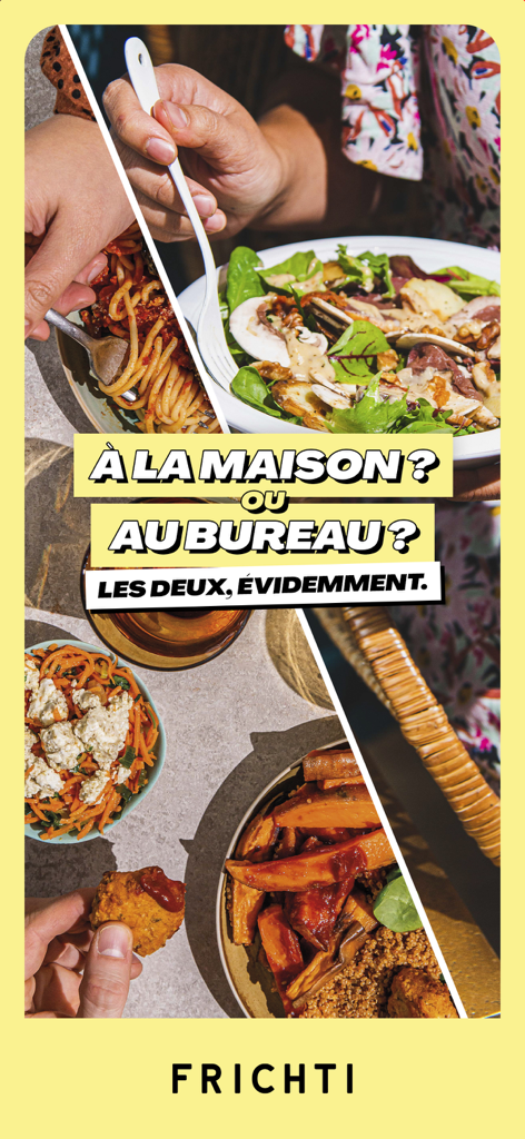 Frichti : Plats maison & apéro - Un collage montrant divers repas préparés par les chefs de Frichti avec du texte en français sur la livraison à domicile et au bureau.