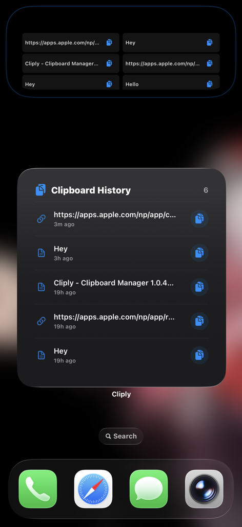 Cliply - Clipboard Manager - Cliply clipboard history widget and Dynamic Island integration on an iPhone
