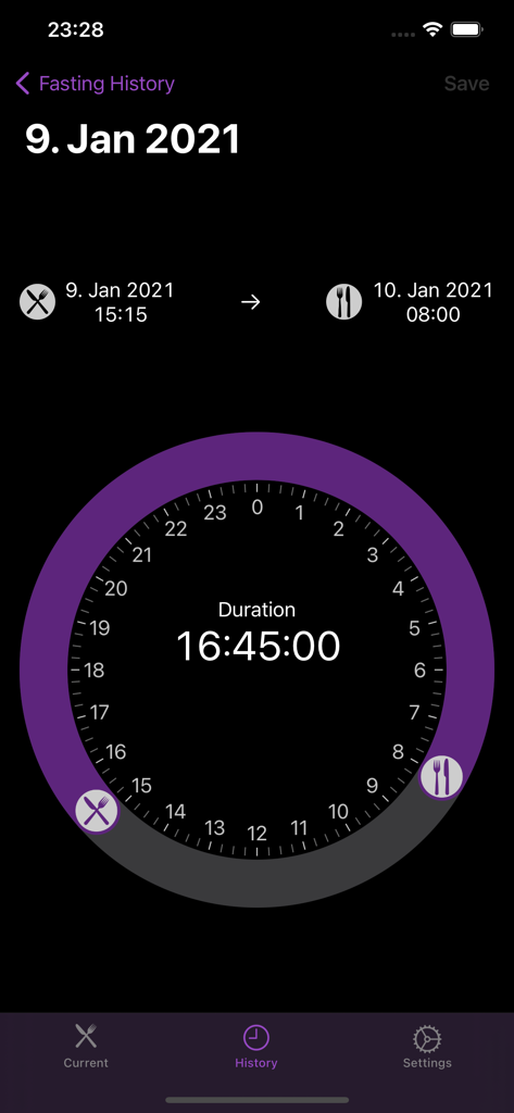 Fasting-Timer - History screen of the Fasting Timer app showing a recorded 16 hour fast on a circular clock.
