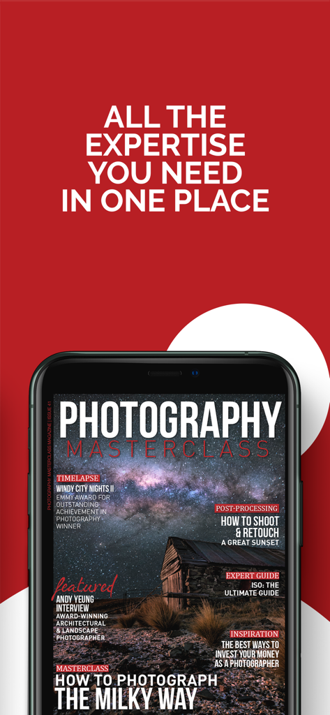 Photography Masterclass Magazine app on a smartphone featuring a guide on how to photograph the Milky Way.