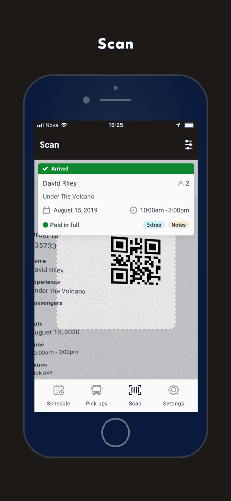 Bokun - Bokun mobile app scanning a customer ticket QR code for a tour check-in.
