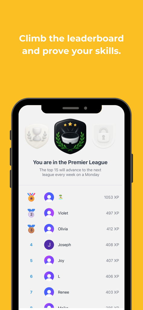 Asalei app leaderboard screen showing user rankings and XP points in the Premier League
