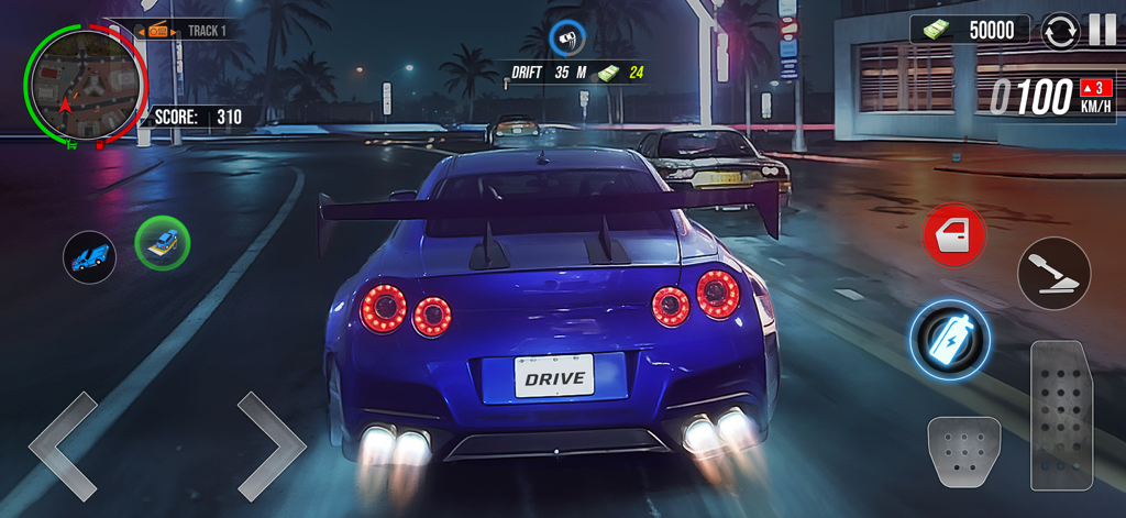 Car Drifting Night Driving - A blue sports car drifting on a city street at night with neon lights and palm trees in a mobile game