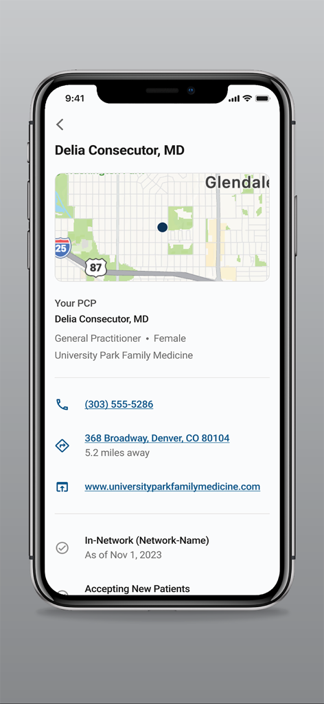 A primary care provider profile screen showing doctor details contact information and office location map