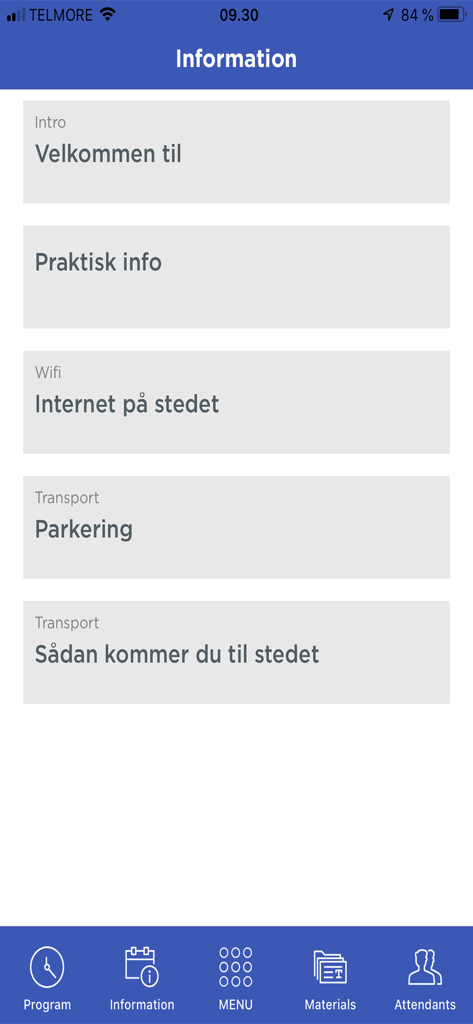 EVENTLY - Schermata informativa dell'app EVENTLY che mostra la logistica dell'evento come Wi-Fi e dettagli sui trasporti.