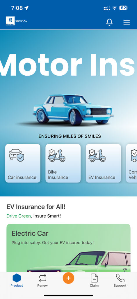 Bajaj General app home screen featuring motor insurance options for car bike and electric vehicles