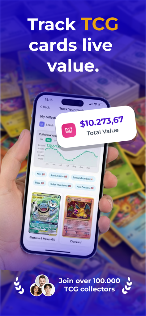 TCG Collector & Card Scanner - iPhone displaying the Pokely app with a graph showing the total market value of a Pokemon card collection