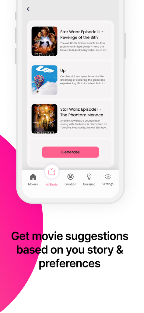Interface de l'application Moto Auction montrant des recommandations de films personnalisées basées sur l'histoire et les préférences de l'utilisateur.