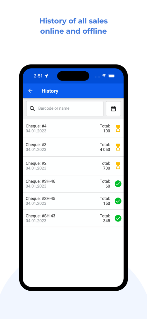 ibox.io - Sales history dashboard in the SMPro POS app showing a list of recent transactions with status indicators
