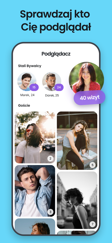 Fotka - dating, chats, streams - A screen from the Fotka dating app displaying a list of people who visited the users profile with visit counts and profile pictures