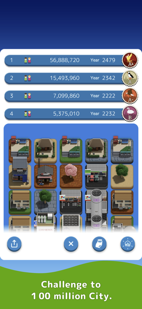 SubaraCity - SubaraCity gameplay screen showing a grid of merged buildings and a leaderboard with high scores.