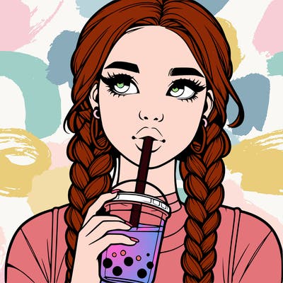 realistic girl with braided hair drinking boba