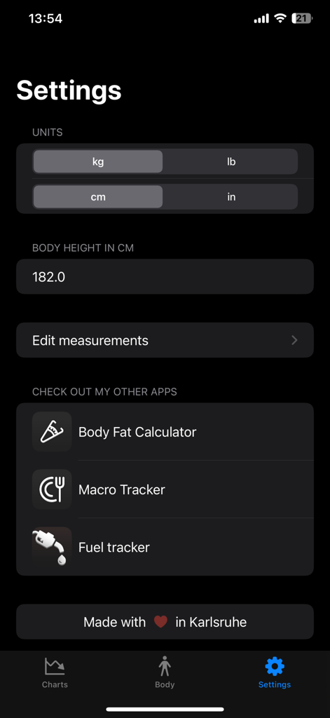 Body Measurements Pro - Schermata delle impostazioni dell'app Body Measurements Pro che mostra la selezione delle unità per peso e altezza in metrico e imperiale.