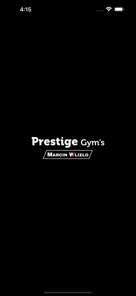Prestige Gyms Marcin Wlizlo app splash screen with logo on a black background