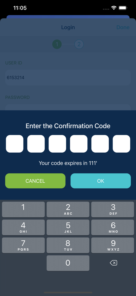 KCB iBank - Confirmation code entry screen for secure login on the KCB iBank mobile app