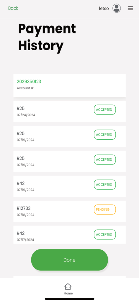 City of Tshwane - Screenshot of the City of Tshwane app showing a list of municipal payment history with transaction amounts and status