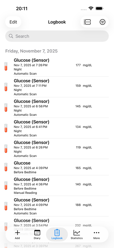 Tela do livro de registro do aplicativo DiabetesPal exibindo uma lista de leituras de glicose no sangue com carimbos de data/hora e valores de mg/dL