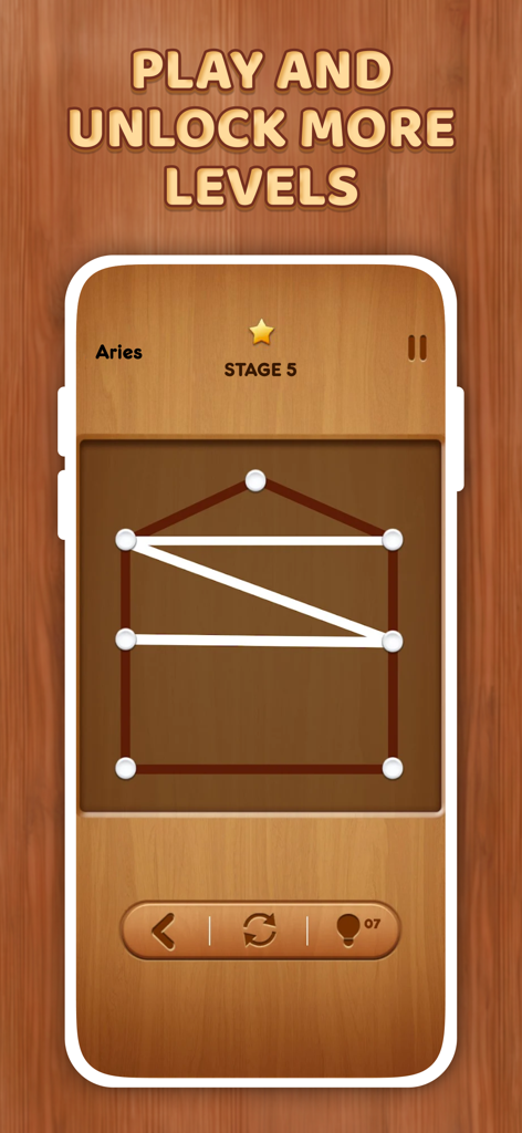 One Line Fun - One Line Puzzle - Mobile puzzle game screen with a one-line connect-the-dots challenge on a wooden background.